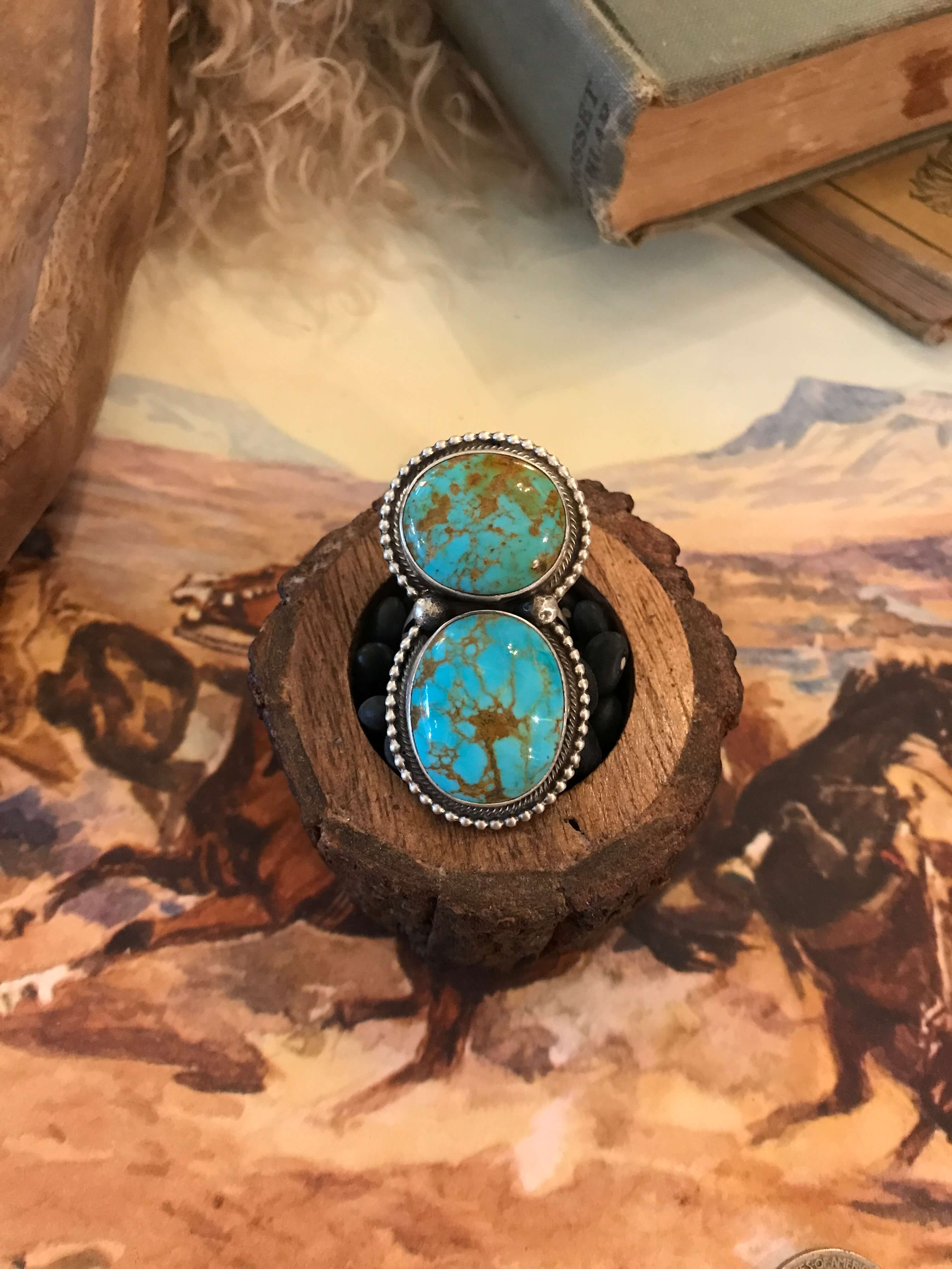 The Wallace Double Stone Turquoise Ring 2, Sz 8 - Image 3