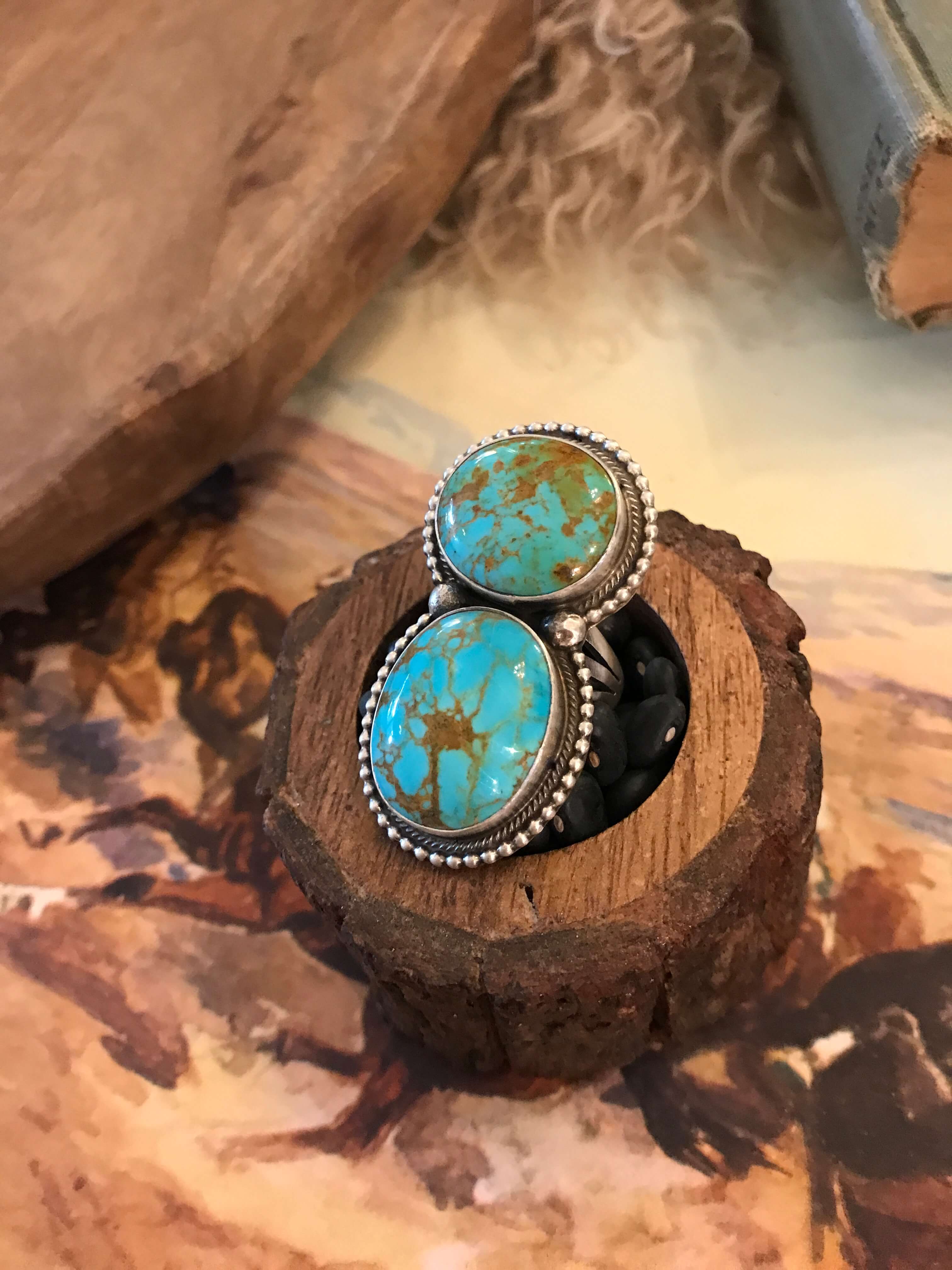 The Wallace Double Stone Turquoise Ring 2, Sz 8 - Image 4